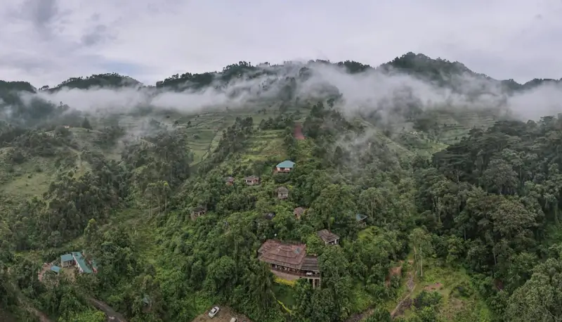 Aerial view of Four Gorillas Lodge in the misty hills of Rushaga, Bwindi