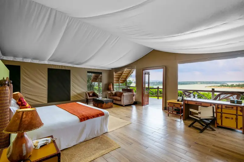 Deluxe tent with views over Lake Edward at Mweya Safari Lodge