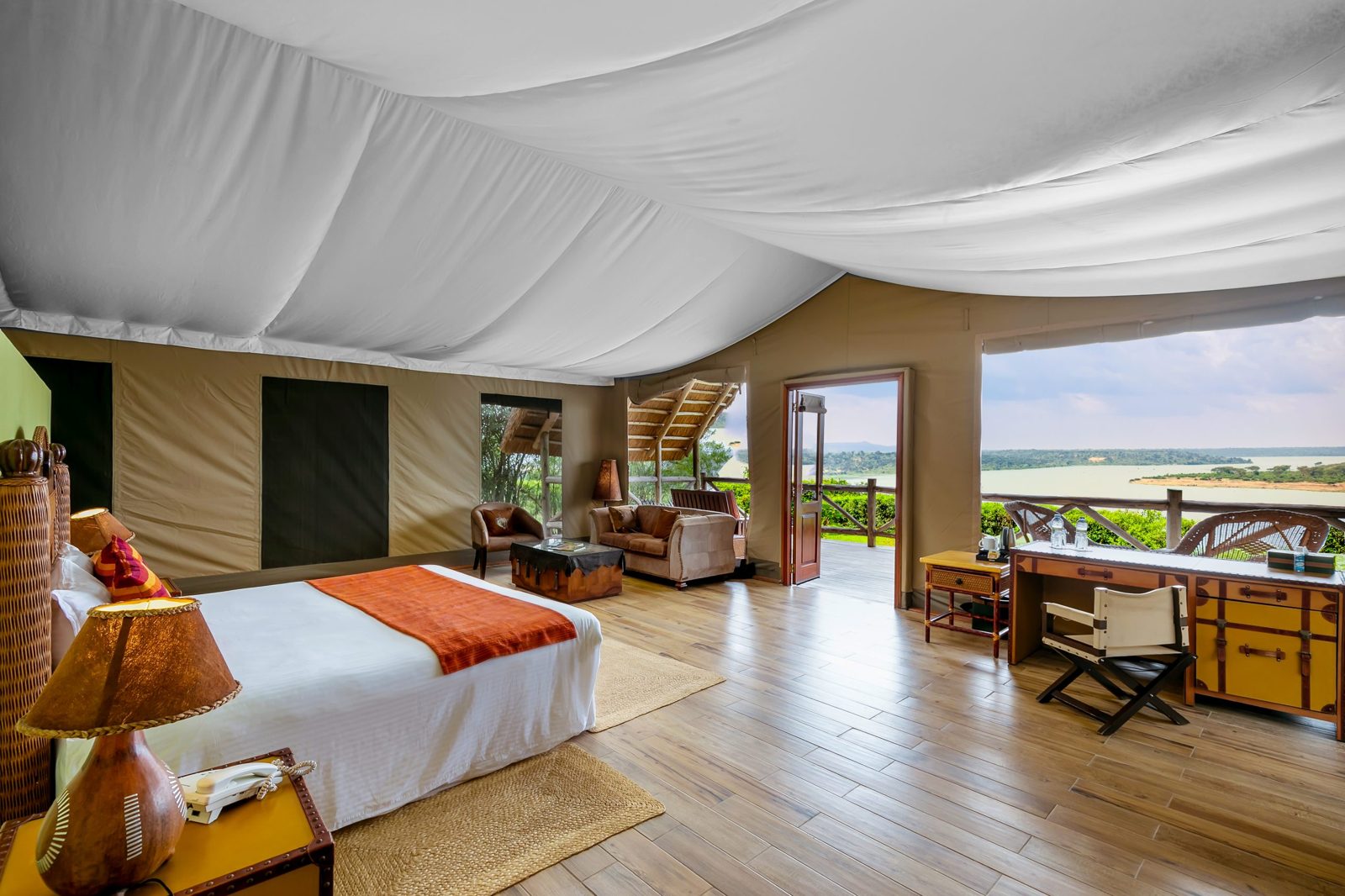 Deluxe tent with views over Lake Edward at Mweya Safari Lodge